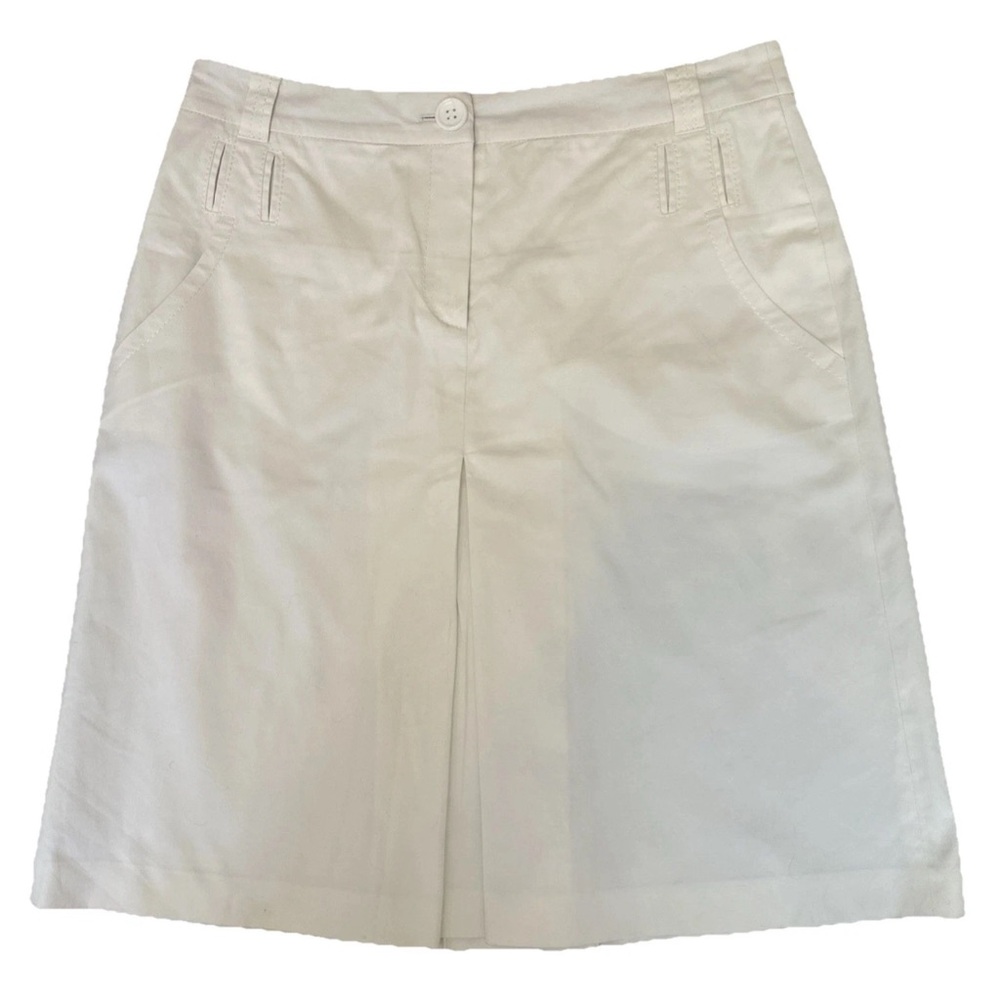 Escada Ivory Skirt 40 Box Pleat A-Line Twill Knee Length Cotton Silk Pockets Vtg